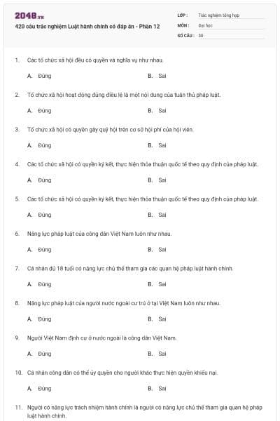 420 câu trắc nghiệm Luật hành chính có đáp án - Phần 12