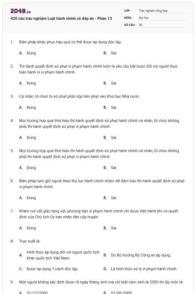 420 câu trắc nghiệm Luật hành chính có đáp án - Phần 13