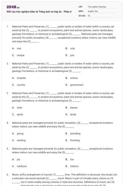 800 câu trắc nghiệm Điền từ Tiếng Anh có đáp án - Phần 6