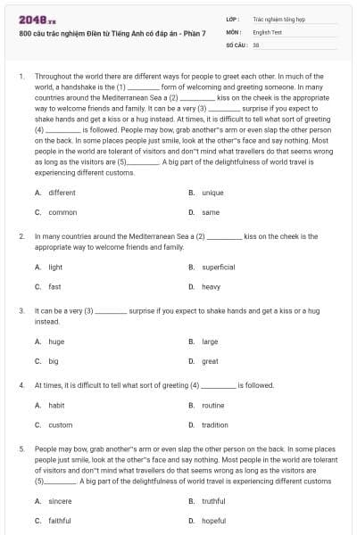 800 câu trắc nghiệm Điền từ Tiếng Anh có đáp án - Phần 7