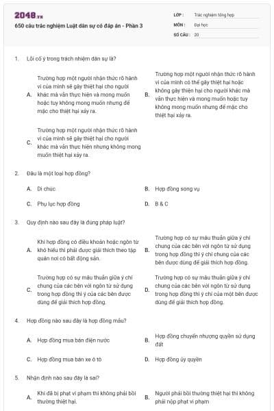 650 câu trắc nghiệm Luật dân sự có đáp án - Phần 3