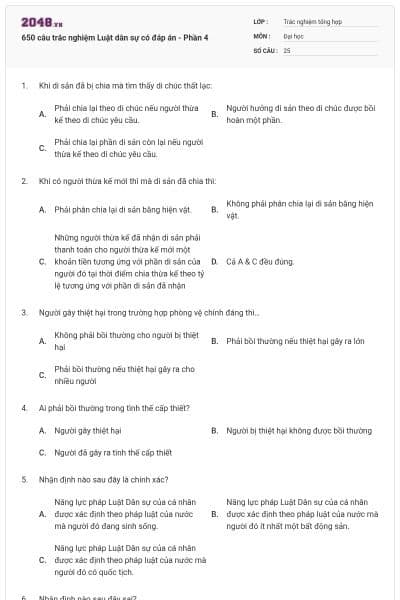 650 câu trắc nghiệm Luật dân sự có đáp án - Phần 4