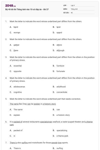 Bộ 40 đề thi Tiếng Anh vào 10 có đáp án - Đề 37