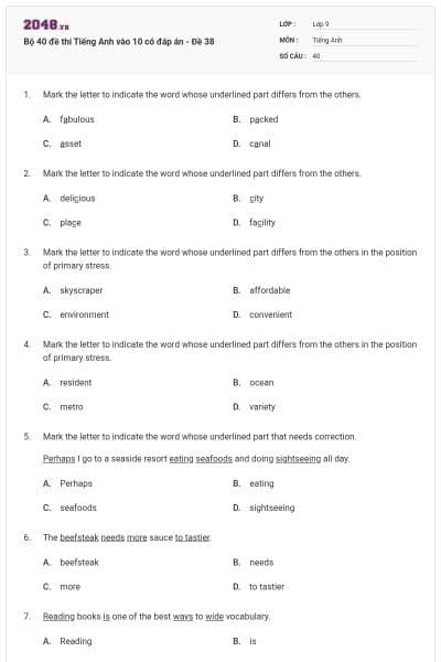 Bộ 40 đề thi Tiếng Anh vào 10 có đáp án - Đề 38