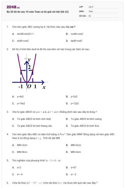 Bộ 30 đề thi vào 10 môn Toán có lời giải chi tiết (Đề 22)