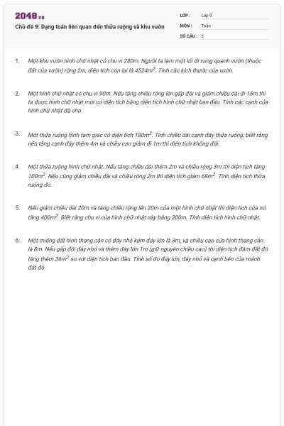 Chủ đề 9: Dạng toán liên quan đến thửa ruộng và khu vườn