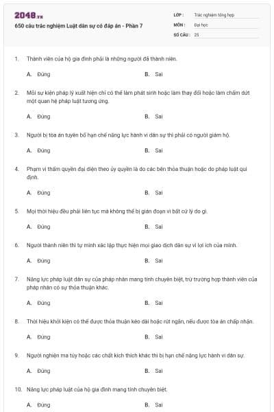 650 câu trắc nghiệm Luật dân sự có đáp án - Phần 7