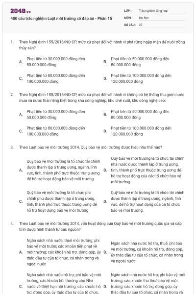 400 câu trắc nghiệm Luật môi trường có đáp án - Phần 15