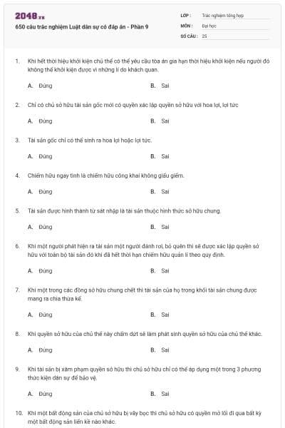 650 câu trắc nghiệm Luật dân sự có đáp án - Phần 9