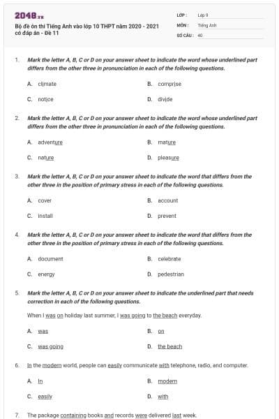 Bộ đề ôn thi Tiếng Anh vào lớp 10 THPT năm 2020 - 2021 có đáp án - Đề 11