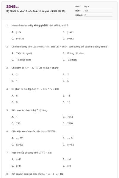 Bộ 30 đề thi vào 10 môn Toán có lời giải chi tiết (Đề 23)