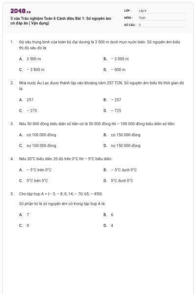 5 câu Trắc nghiệm Toán 6 Cánh diều Bài 1: Số nguyên âm có đáp án ( Vận dụng)