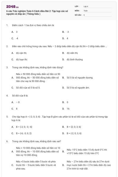6 câu Trắc nghiệm Toán 6 Cánh diều Bài 2: Tập hợp các số nguyên có đáp án ( Thông hiểu )