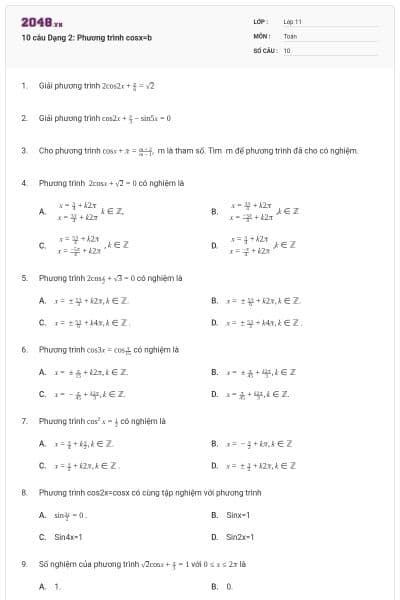 10 câu Dạng 2: Phương trình cosx=b