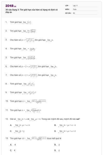 30 câu Dạng 3: Tìm giới hạn của hàm số dạng vô định có đáp án