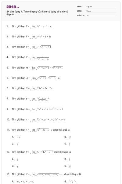 24 câu Dạng 4: Tìm số hạng của hàm số dạng vô định có đáp án