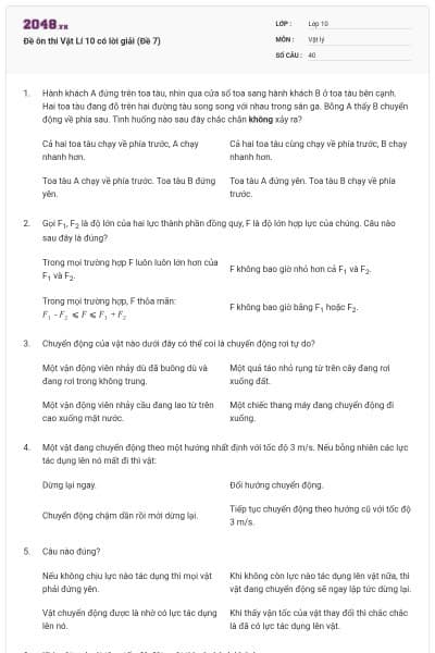 Đề ôn thi Vật Lí 10 có lời giải (Đề 7)
