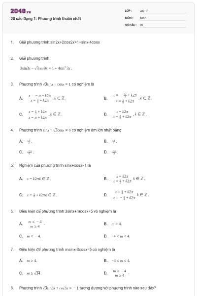 20 câu Dạng 1: Phương trình thuần nhất