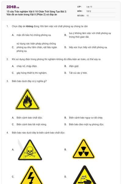 15 câu Trắc nghiệm Vật lí 10 Chân Trời Sáng Tạo Bài 2: Vấn đề an toàn trong Vật lí (Phần 2) có đáp án