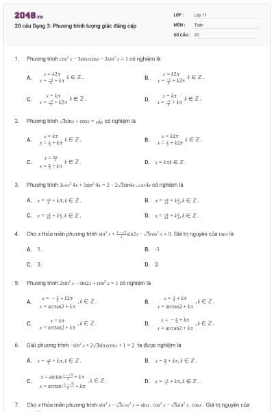 20 câu Dạng 3: Phương trình lượng giác đẳng cấp