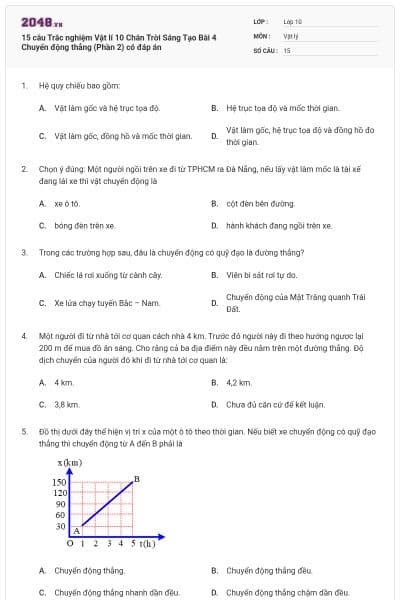 15 câu Trắc nghiệm Vật lí 10 Chân Trời Sáng Tạo Bài 4 Chuyển động thẳng (Phần 2) có đáp án