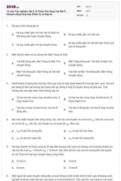 15 câu Trắc nghiệm Vật lí 10 Chân Trời Sáng Tạo Bài 5: Chuyển động tổng hợp (Phần 2) có đáp án