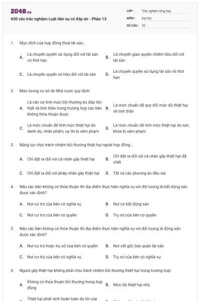 650 câu trắc nghiệm Luật dân sự có đáp án - Phần 13