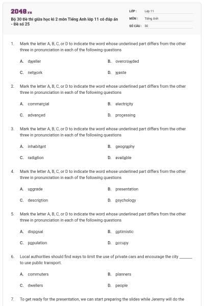 Bộ 30 Đề thi giữa học kì 2 môn Tiếng Anh lớp 11 có đáp án - Đề số 25