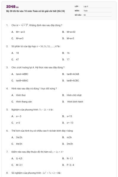 Bộ 30 đề thi vào 10 môn Toán có lời giải chi tiết (Đề 24)