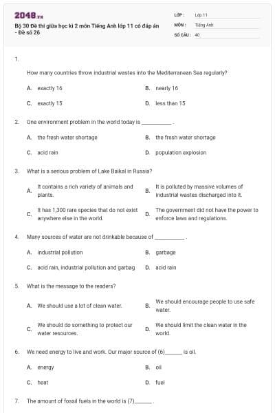 Bộ 30 Đề thi giữa học kì 2 môn Tiếng Anh lớp 11 có đáp án - Đề số 26