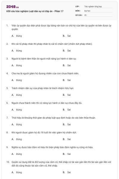 650 câu trắc nghiệm Luật dân sự có đáp án - Phần 17