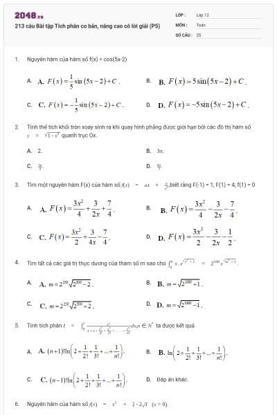 213 câu Bài tập Tích phân cơ bản, nâng cao có lời giải (P5)
