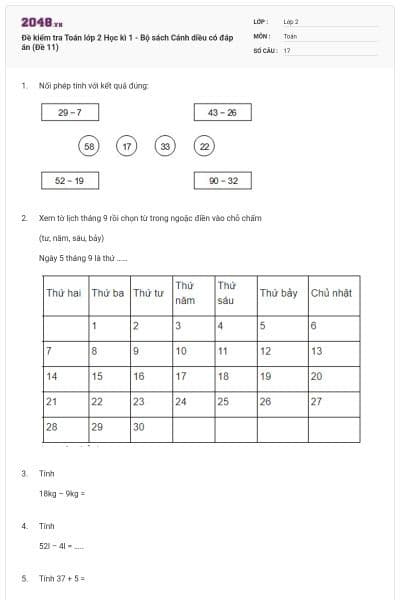Đề kiểm tra Toán lớp 2 Học kì 1 - Bộ sách Cánh diều có đáp án (Đề 11)