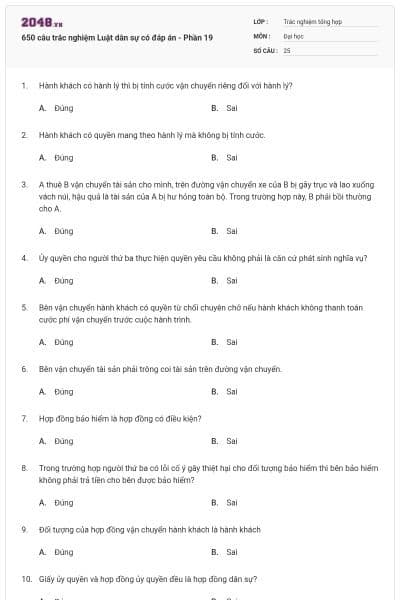 650 câu trắc nghiệm Luật dân sự có đáp án - Phần 19