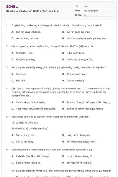 Đề kiểm tra giữa học kì 1 GDCD 7 (Đề 1) có đáp án