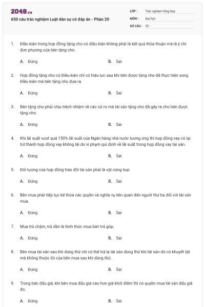 650 câu trắc nghiệm Luật dân sự có đáp án - Phần 20