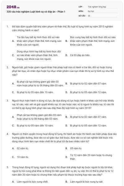 320 câu trắc nghiệm Luật hình sự có đáp án - Phần 1