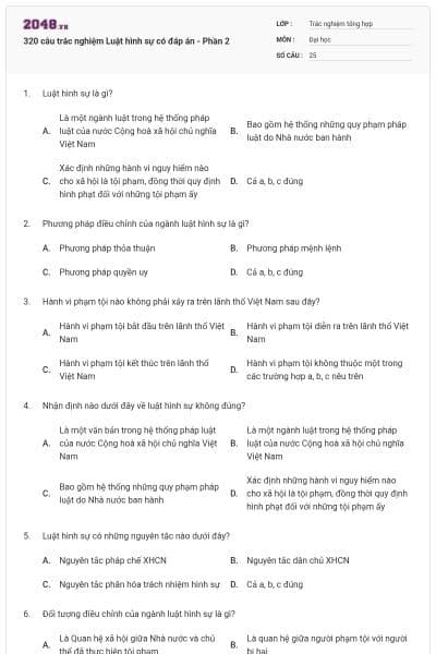 320 câu trắc nghiệm Luật hình sự có đáp án - Phần 2