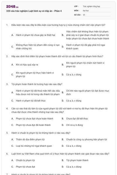 320 câu trắc nghiệm Luật hình sự có đáp án - Phần 4