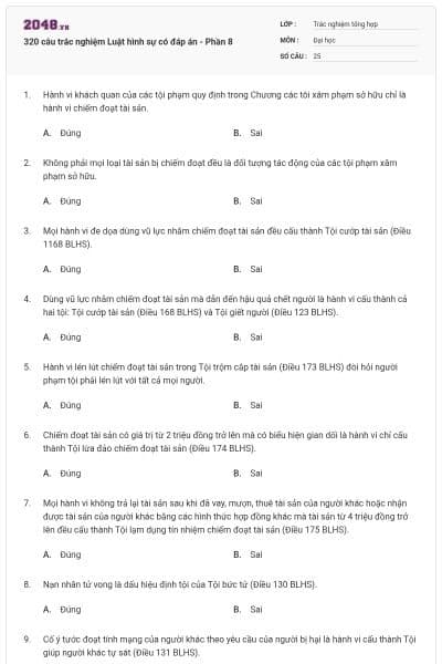 320 câu trắc nghiệm Luật hình sự có đáp án - Phần 8