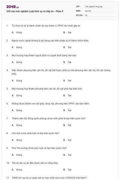 320 câu trắc nghiệm Luật hình sự có đáp án - Phần 9