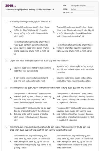 320 câu trắc nghiệm Luật hình sự có đáp án - Phần 13