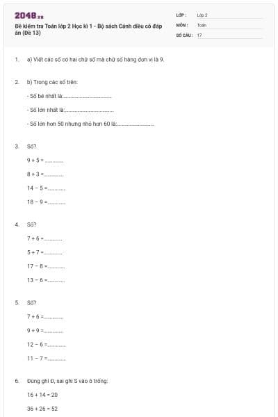 Đề kiểm tra Toán lớp 2 Học kì 1 - Bộ sách Cánh diều có đáp án (Đề 13)