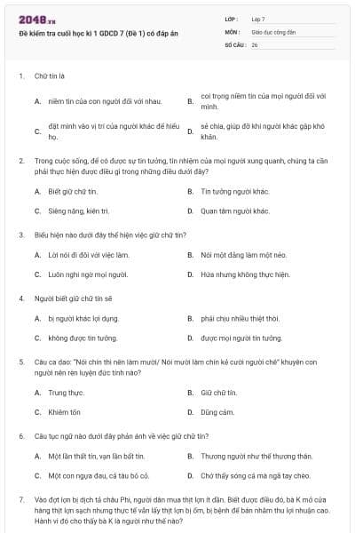 Đề kiểm tra cuối học kì 1 GDCD 7 (Đề 1) có đáp án