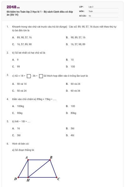 Đề kiểm tra Toán lớp 2 Học kì 1 - Bộ sách Cánh diều có đáp án (Đề 14)