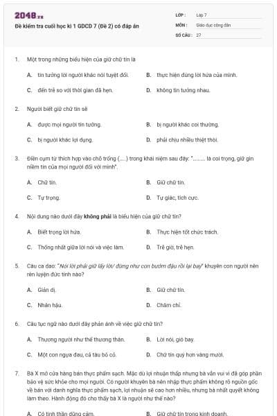 Đề kiểm tra cuối học kì 1 GDCD 7 (Đề 2) có đáp án