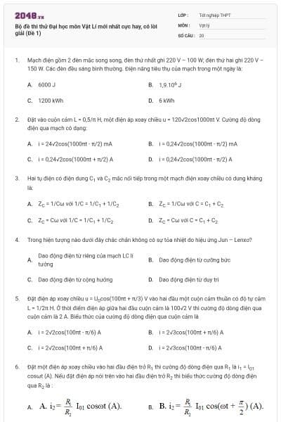 Bộ đề thi thử Đại học môn Vật Lí mới nhất cực hay, có lời giải (Đề 1)
