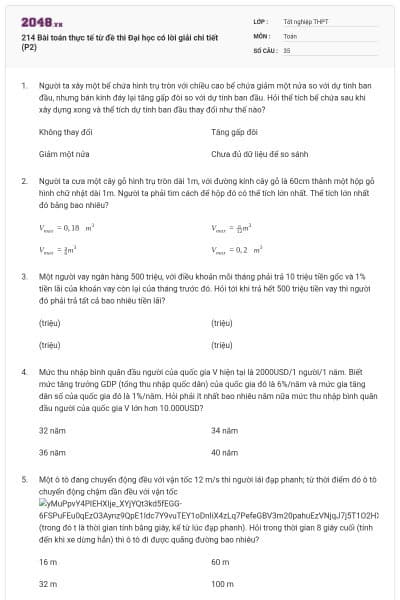 214 Bài toán thực tế từ đề thi Đại học có lời giải chi tiết (P2)