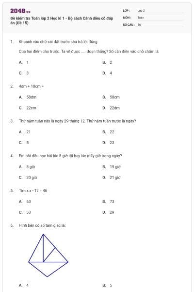 Đề kiểm tra Toán lớp 2 Học kì 1 - Bộ sách Cánh diều có đáp án (Đề 15)