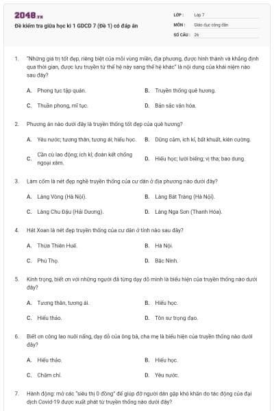 Đề kiểm tra giữa học kì 1 GDCD 7 (Đề 1) có đáp án